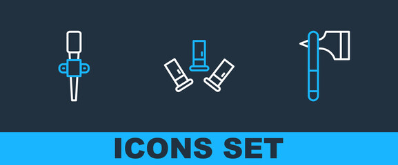 Set line Wooden axe, Torch flame and Cartridges icon. Vector
