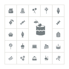 dessert icon set with ice cream, sweets candy, cupcake, lollipop, wedding cake