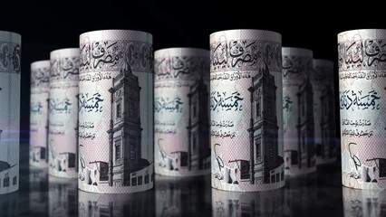 Libya money Libyan Dinar money rolls loop 3d animation. Camera moving in front of the LYD rolling banknotes. Seamless loopable concept of economy, finance, business and debt.