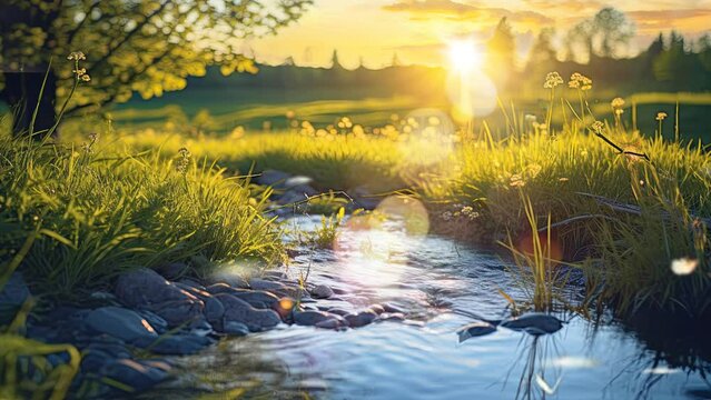 Sunset-lit stream winds through lush meadow, bokeh dances on water. Sky-blue and amber hues embrace spring's warmth. Butterfly graces the scene
