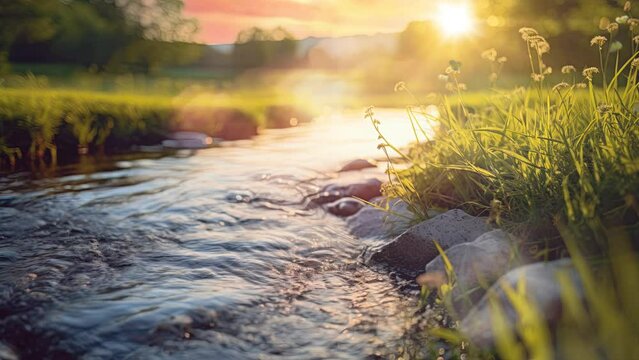 Gentle stream winds through lush meadow, bokeh lights dance on its surface. Sky-blue and amber tones infuse warmth into the spring tableau