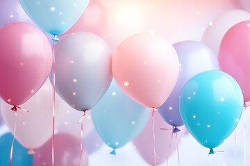 balloons floating over a blue background with stars