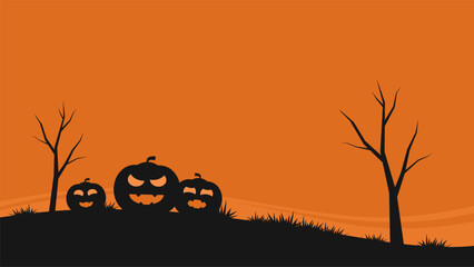 halloween illustration with silhouette of pumpkin and dead tree on orange background. halloween template background with copy space for text