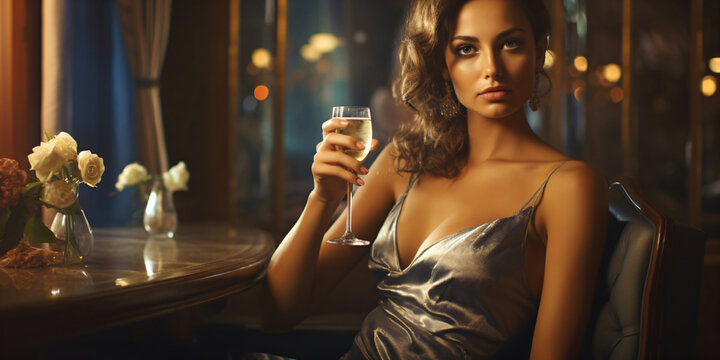woman in evening dress with a glass of champagne