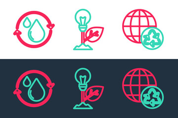 Set line Planet earth and recycling, Recycle clean aqua and Light bulb with leaf icon. Vector