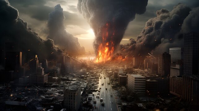 End of the world armageddon extinction level event, the city is burning and buildings are collapsed whilst fire blazes consuming everything