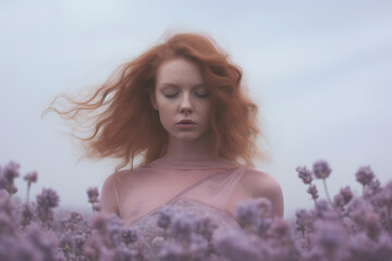 A woman with red hair, wearing a purple dress, immersed in the freedom of a vibrant meadow.