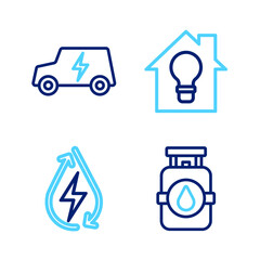 Set line Propane gas tank, Water energy, Smart house and light bulb and Electric car icon. Vector