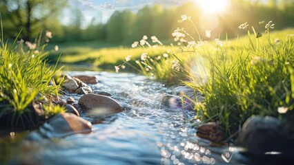Sunset's glow caresses a meandering stream, weaving through a verdant meadow; water reflects dancing bokeh. Spring's warmth embraced by amber and sky-blue, adorned by a graceful butterfly