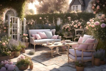 a quaint 3D rendering of a small garden with an English cottage vibe, complete with pastel-colored flowers and charming wooden furniture.