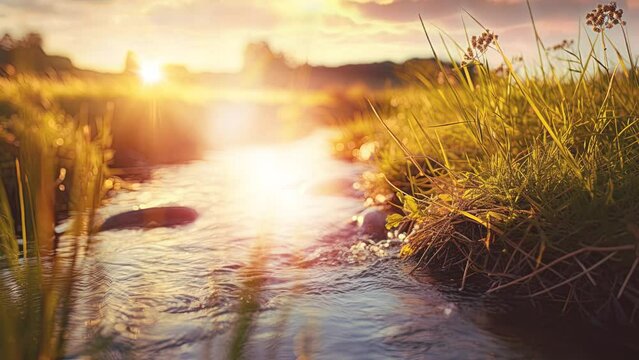 A tranquil brook winds amidst a vibrant meadow, adorned with dancing bokeh lights. The hues of sky amber imbue the spring scene with a soothing warmth