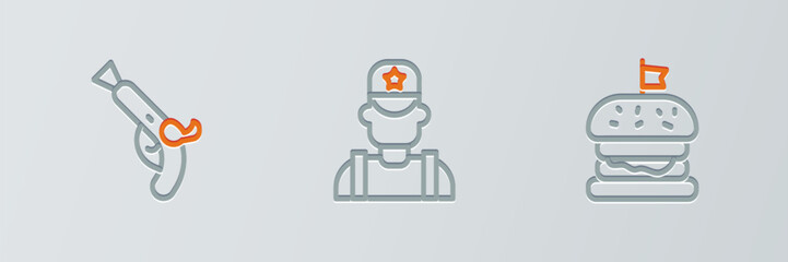 Set line Burger, Vintage pistols and Sheriff cowboy icon. Vector