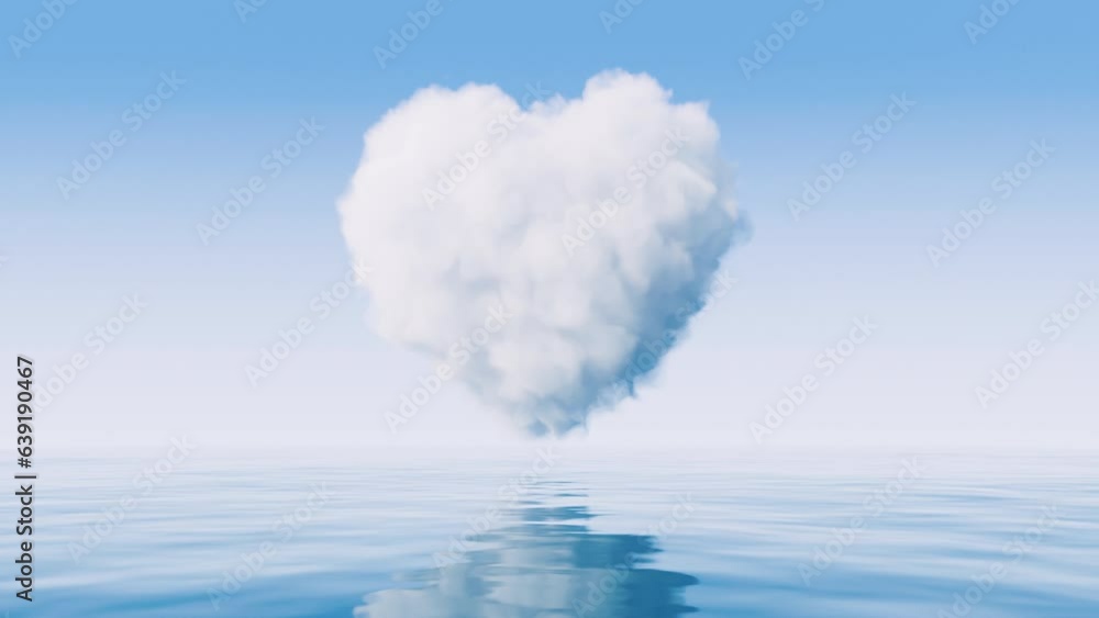 Poster heart shape soft cloud with water surface, 3d rendering.