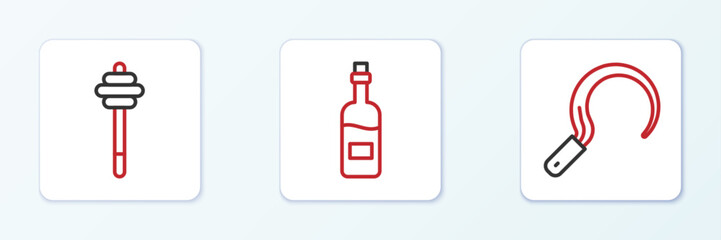 Set line Sickle, Honey dipper stick and Bottle of wine icon. Vector