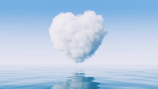 Heart shape soft cloud with water surface, 3d rendering.