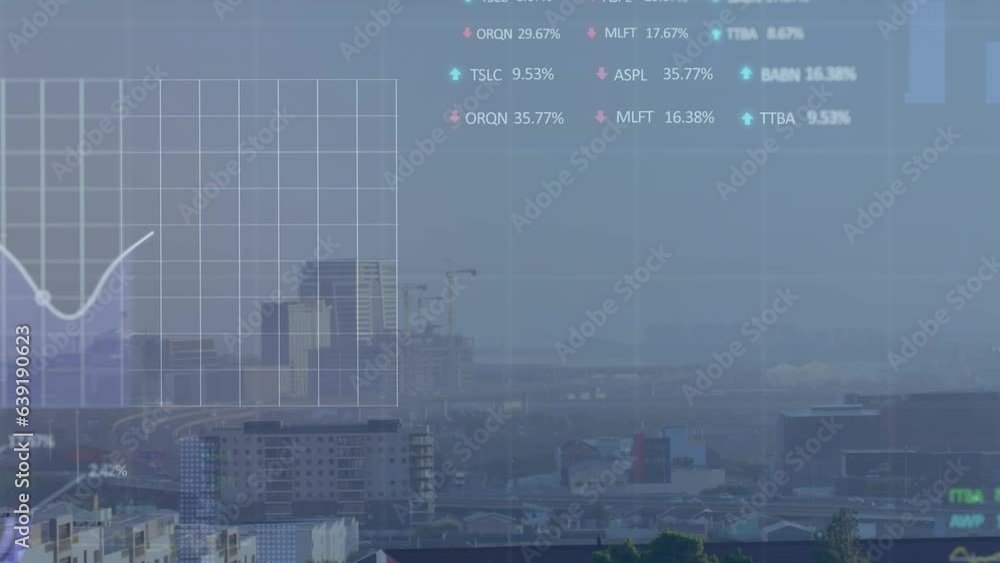 Poster animation of graphs with changing numbers and trading boards over modern cityscape