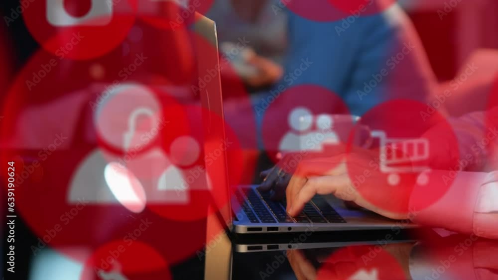 Poster animation of icon in circles over cropped hands of caucasian man typing on keyboard of laptop