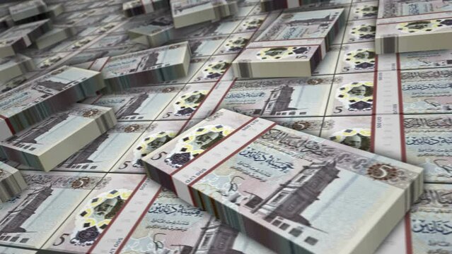 Libya money Libyan Dinar banknote bundle loop. LYD money stacks. Concept of business, economy, banking and finance. Camera over cash packs. Loopable seamless 3d animation.
