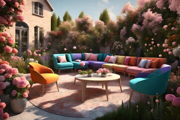 a charming 3D rendering of a small garden oasis with sofas and chairs nestled among an abundance of colorful wildflowers.