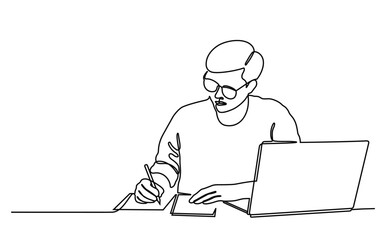 Student writing and studying in front of laptop. Continuous line style. Hand drawn. Education concept. Vector design. Illustration