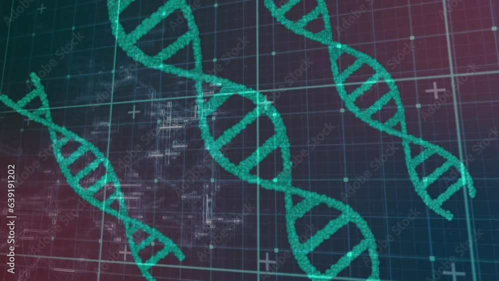 Poster animation of dots forming dna helixes over navigation pattern against abstract background