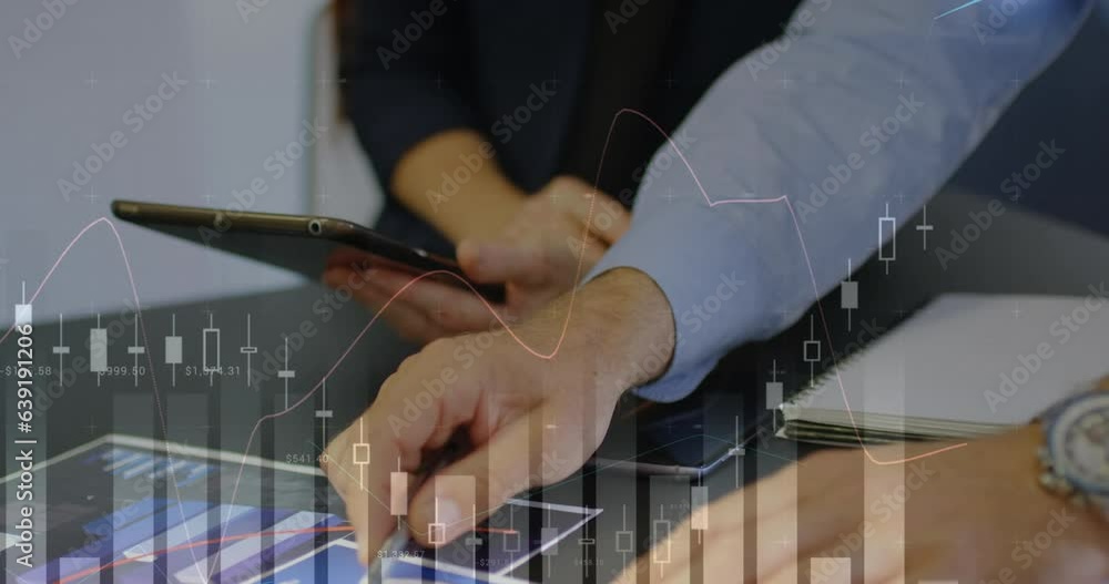 Poster animation of multiple graphs, numbers over caucasian coworkers discussing reports on digital tablet