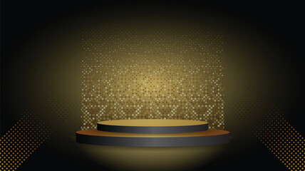 Abstract background gold podium for product stadium stage hall presentation with scenic lights of round futuristic neon glowing round frame and rays.Gold vector lighting stage spotlight background.