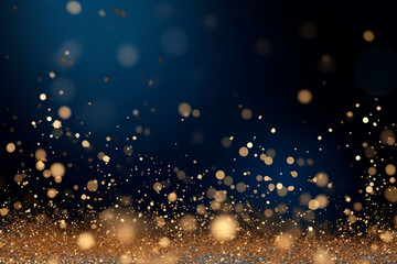Abstract background with dark blue and gold particles. New Year, Christmas shiny and golden background. Christmas Golden light glitter bokeh particles on navy background. gold foil texture