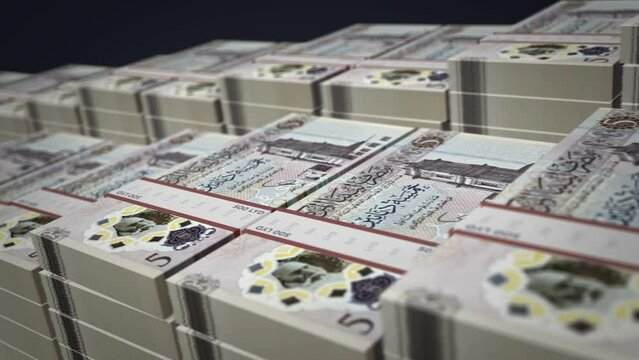 Libya money Libyan Dinar banknote bundle growth up loop. LYD money stacks. Concept of cash pack, banking, travel, business, economy and finance. Loopable seamless 3d animation.
