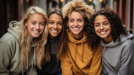 Fototapeta premium Multiethnic group of four young women in hoodies smiling at camera.