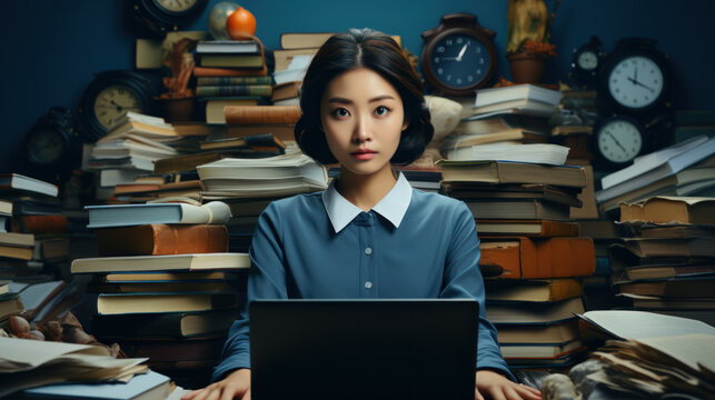 Young asian woman with laptop and many books and clocks. Time management, frustrated and tired employee in digital agency office.