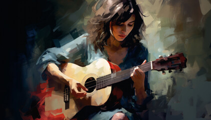 Obraz premium A girl playing guitar. Relaxing, unwinding. Dark shirt, dark colours. Moody, mysterious. Cool girl. Painting, watercolour., solitude, introspection.