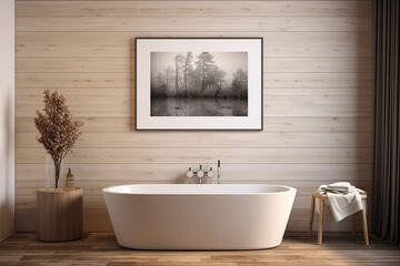 Fototapeta na wymiar Corner A contemporary bathroom's interior features a cozy white bathtub 