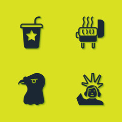 Set Paper glass with straw, Statue of Liberty, Eagle head and Barbecue grill icon. Vector