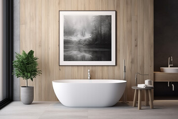 Corner A contemporary bathroom's interior features a cozy white bathtub 