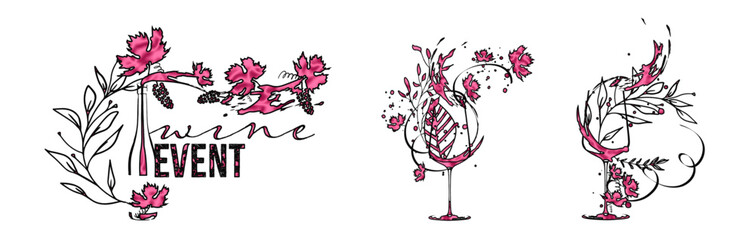 Wine designs for wine events. Sketch vector illustration. Hand drawn elements for invitation cards, advertising banner and menu cards. Splashing wine.