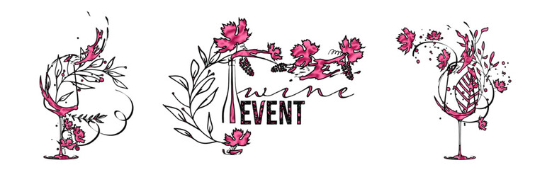 Wine designs for wine events. Sketch vector illustration. Hand drawn elements for invitation cards, advertising banner and menu cards. Splashing wine.