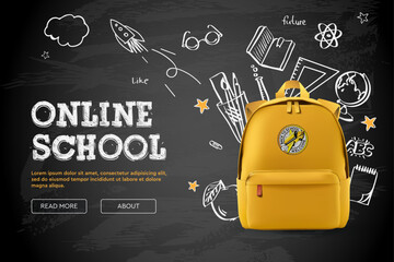Back to school, online school banner. Yellow backpack with school supplies on the background of a black chalkboard with different doodle scientific icons