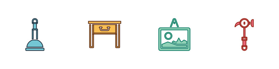 Set Rubber plunger, Furniture nightstand, Picture and Hammer icon. Vector