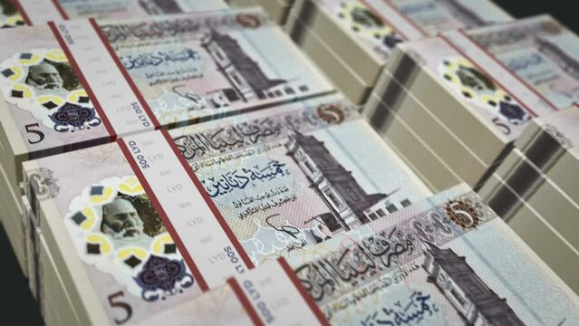 Libya money Libyan Dinar money pack loop 3d animation. Loopable seamless concept of finance, cash, economy, business and bank. Camera moving over the 5 LYD banknote bundle stacks.