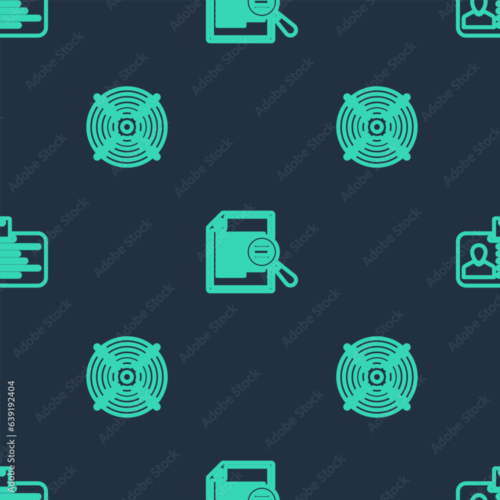 Poster set line document with search, target sport and identification badge on seamless pattern. vector