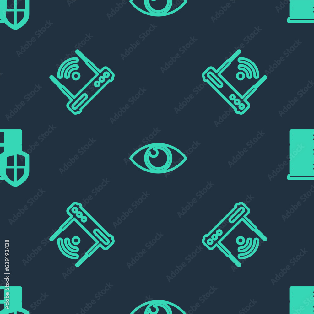 Poster set line eye, router and wi-fi and server with shield on seamless pattern. vector