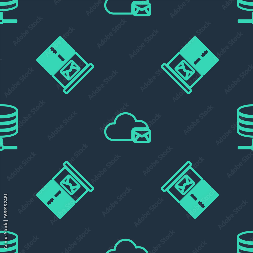 Poster set line cloud mail server, mail and server, data, web hosting on seamless pattern. vector