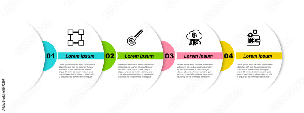 Aufkleber set line blockchain technology, cryptocurrency key, cloud mining and proof of stake. business infogr