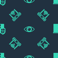 Set line Eye, Router and wi-fi and Server with shield on seamless pattern. Vector