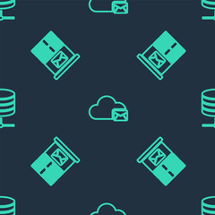 Set line Cloud mail server, Mail and Server, Data, Web Hosting on seamless pattern. Vector