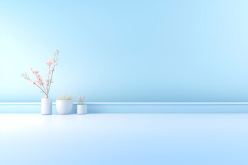 blue background wall with flowers, blue wall empty room with green plant in vase generative ai