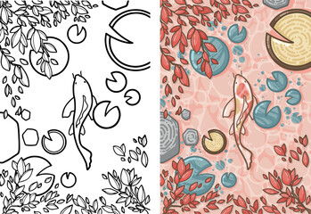 A Koi carp swimming in the a pink lake or pink river with turquoise blue waterlilies, wooden logs and red leaves - Illustration for kids books, gift card and colouring book - Kawaii style