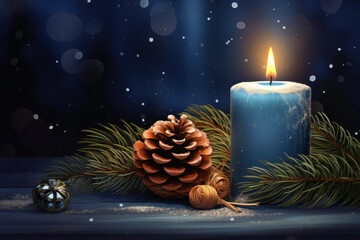 Christmas candles and ornaments over dark background with lights
