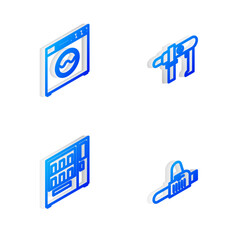 Set Isometric line Electric drill machine, Washer, Vending and Chainsaw icon. Vector